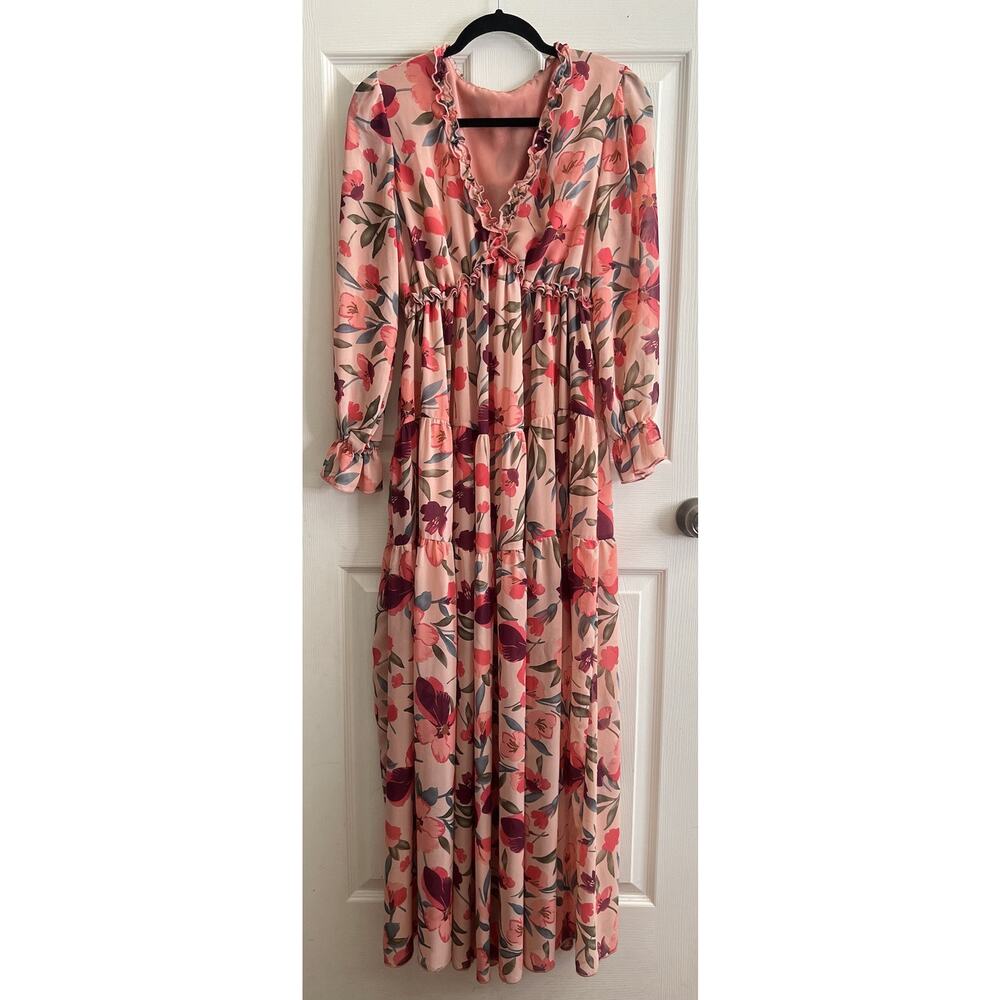 Romantic Floral Tiered Ruffle Ethereal Whimsical Extra Long Maxi Dress - Picture 5 of 10